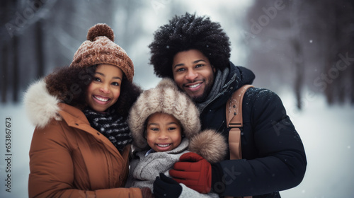 African american family, father and mother with child close up portrait in park, winter snow season joy.