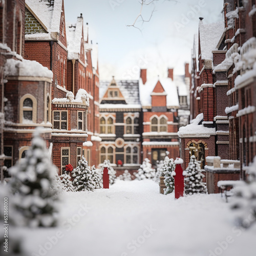 a photograph of a christmas village, red bricks buildings with snow created with Generative Ai