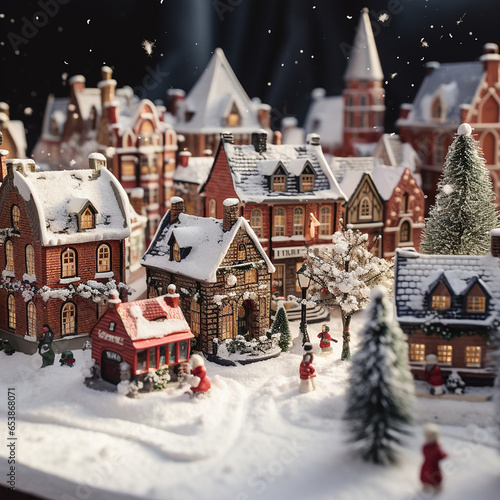a photograph of a christmas village, red bricks buildings with snow created with Generative Ai © Andrii Yablonskyi