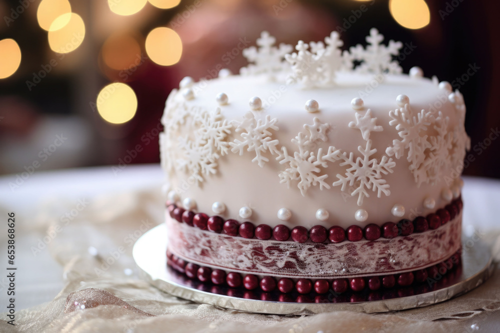 Decorated Christmas cake complete with intricate frosting design. Generative AI Decorated Christmas cake complete with intricate frosting design. Generative AI