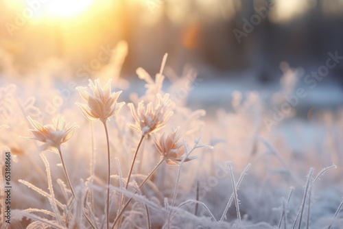 Frozen icy flowers in winter. Winter scene. Generative AI © barmaleeva