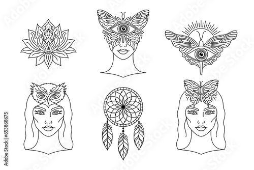 Esoteric collection in line art style.