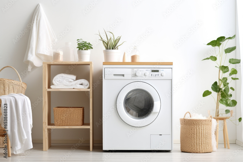 Interior of home laundry room with modern washing machine. Generative AI - obrazy, fototapety, plakaty 