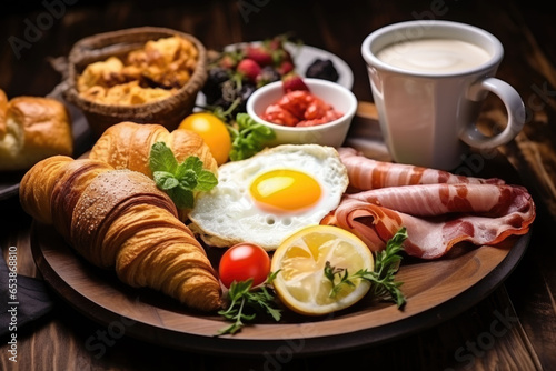 English breakfast on the white plate, eggs with liquid yolk, sausages, fork and knife, croissants, coffee with milk. Generative AI