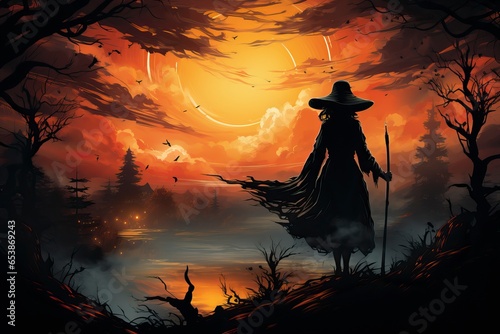 Witch s silhouette flying past a full moon on a broomstick.