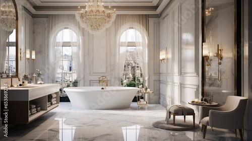 A luxurious bathroom with a marble-tiled accent wall and chandelier