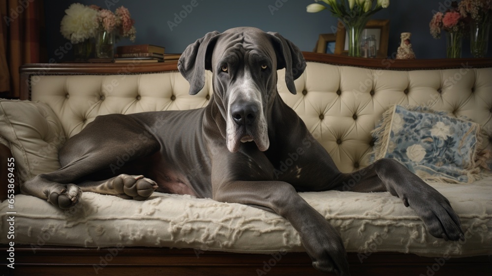 a noble Great Dane comfortably sprawled across a plush couch, its majestic presence filling the frame - obrazy, fototapety, plakaty 