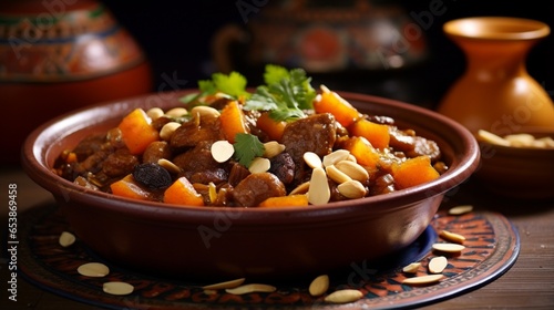 a Moroccan tagine dish featuring lamb, apricots, and almonds, a fusion of savory and sweet flavors