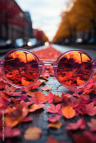 Pink glasses in the autumn park. fall and leaves on the path. Love, romance and tenderness.