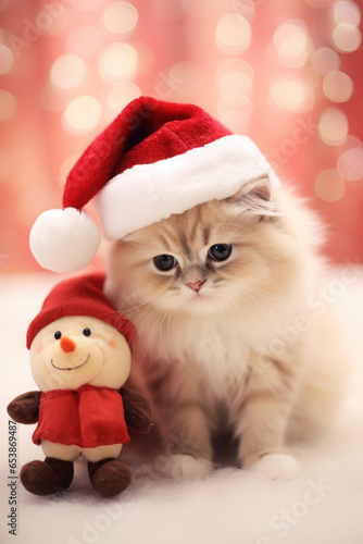 cat in a red Santa hat near the Christmas tree. christmas pets. happiness, celebration and fun. furry animals