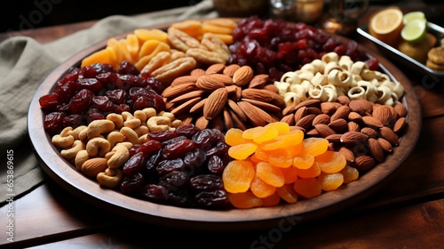 a platter of mixed nuts and dried fruits, a popular choice for entertaining guests with a touch of elegance
