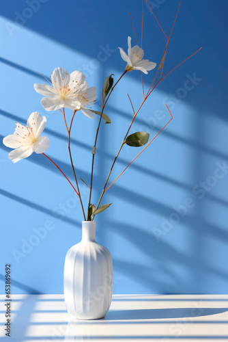 minimalistic texture with vase and flower. white and blue in an abstract interior. matte  pastel background.