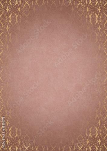 Pale pink textured paper with vignette of golden hand-drawn pattern and golden glittery splatter on a darker background color. Copy space. Digital artwork, A4. (pattern: p10-4f)