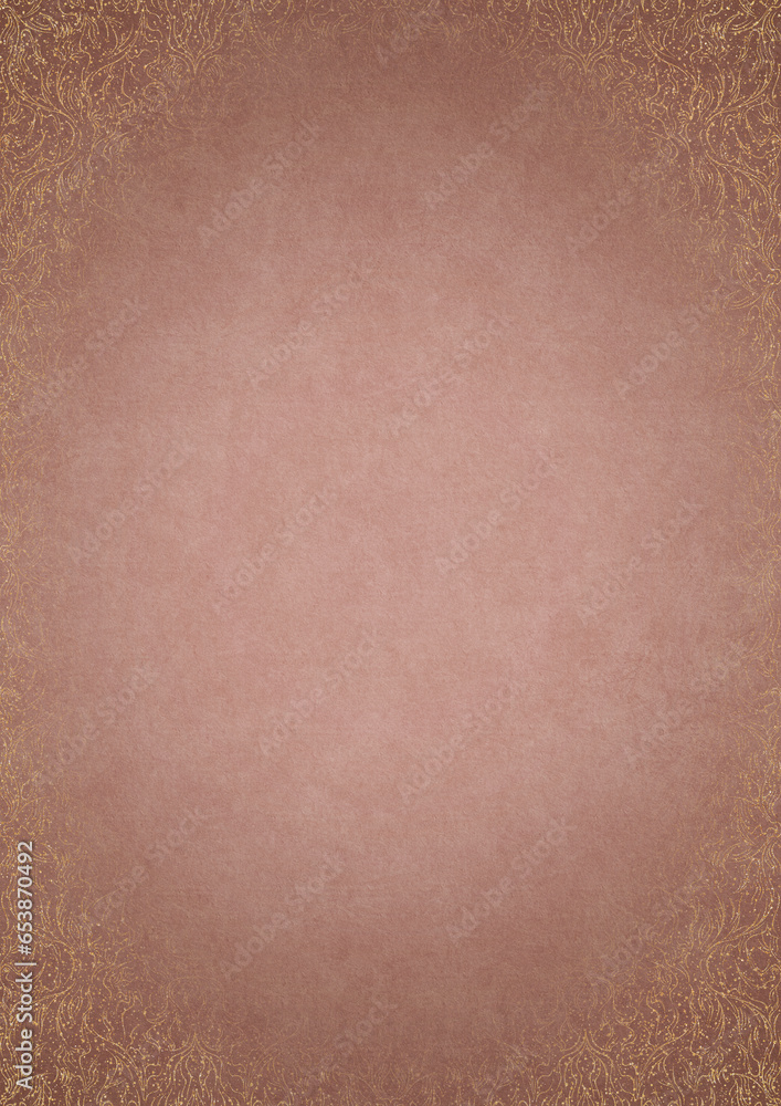 Fototapeta premium Pale pink textured paper with vignette of golden hand-drawn pattern and golden glittery splatter on a darker background color. Copy space. Digital artwork, A4. (pattern: p11-1e)
