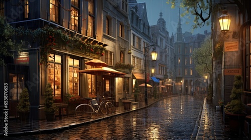 a rain-soaked European street, cobblestones reflecting the colors of quaint storefronts and charming lampposts © Muhammad