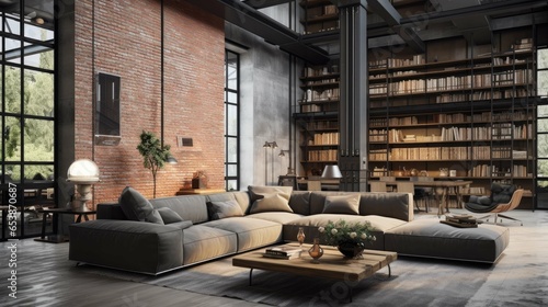  Interior of a loft living room rendered in industrial style