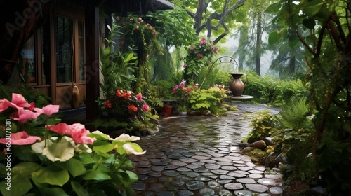 a rain-washed garden path, where stepping stones are framed by lush vegetation and rain-kissed petals © Muhammad