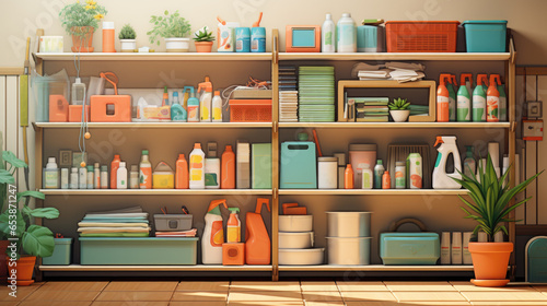 Illustration of a shelf with different cleaners