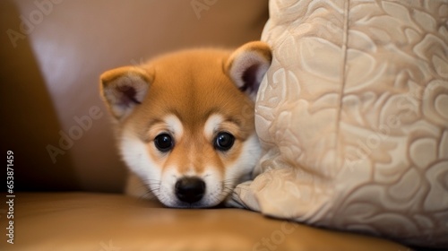 a Shiba Inu puppy with a mischievous expression, caught in the act of chewing on a couch's throw pillow