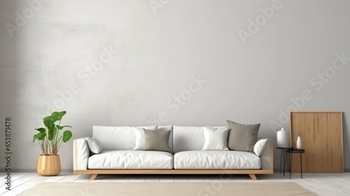 Modern interior design of the living room with a white sofa and pillows and an empty background