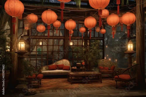 A picturesque setting with lanterns and comfortable seating. Generative AI