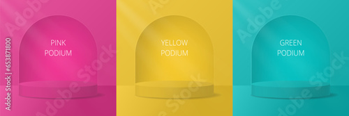 Pink, yellow and mint green podiums. Set of backgrounds with pedestals and arched windows. Product display. Cylinder, rays of light. Niche or alcove