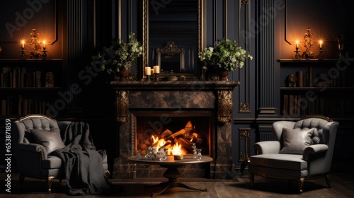 Up close view of modern black fireplace and black sofa photo