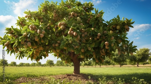 a walnut tree in the orchard, its branches heavy with ripe walnuts, waiting to be harvested