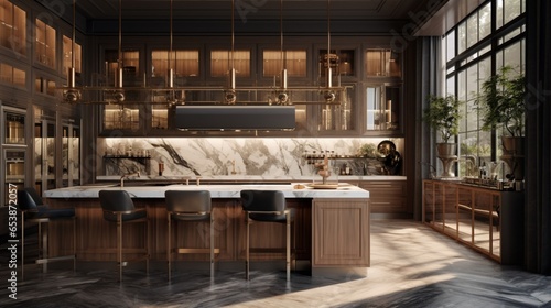 A luxury kitchen with a mix of wood and marble surfaces