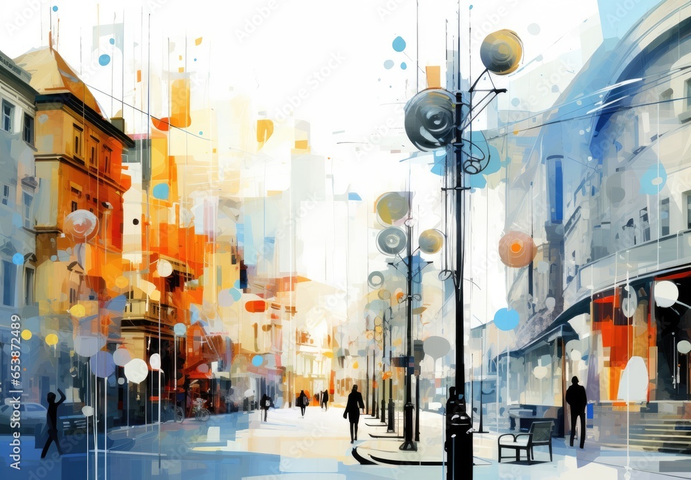 View of a pedestrian street with silhouettes of people walking between houses. Digital art in watercolor or acrylic style. Illustration for printing, banner, poster, card, cover, house decoration. View of a pedestrian street with silhouettes of people walking between houses. Digital art in watercolor or acrylic style. Illustration for printing, banner, poster, card, cover, house decoration.