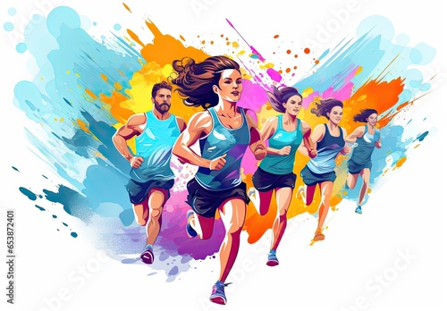 Running people. Marathon. Human activity. Design for sport. Sporting a watercolor style with paint splatters. Illustration for cover, card, postcard, interior design, decor or print.