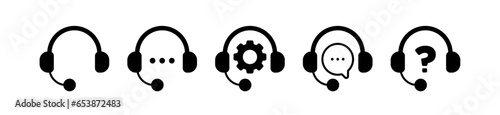 Customer support service icons set. Online support service with headphones and microphone. Call center icon. Chat speech bubble.  Vector illustration