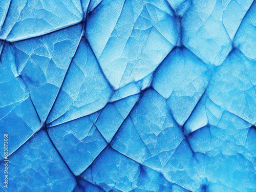 Cracked ice of bright blue color, background.
