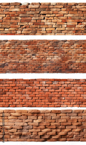 Set of red brick walls and fences, isolated on a transparent background. PNG, cutout, or clipping path.