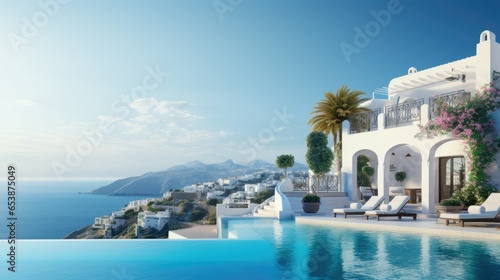 Traditional Mediterranean white house with pool, travel at sea resort © thesweetsheep