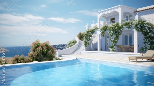 Traditional Mediterranean white house with pool, travel at sea resort © thesweetsheep