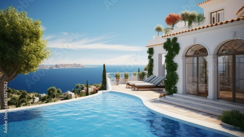 Traditional Mediterranean white house with pool  travel at sea resort