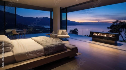 Luxury hotel interior with twilight ocean view