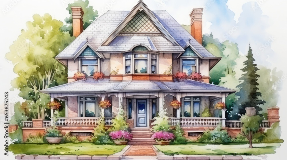 Victorian style brick family house, exterior of home watercolor painting