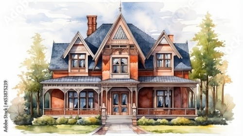 Victorian style brick family house, exterior of home watercolor painting