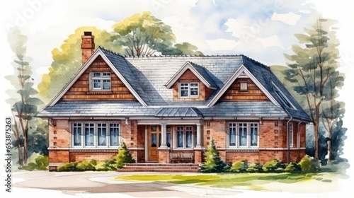 Victorian style brick family house, exterior of home watercolor painting © thesweetsheep