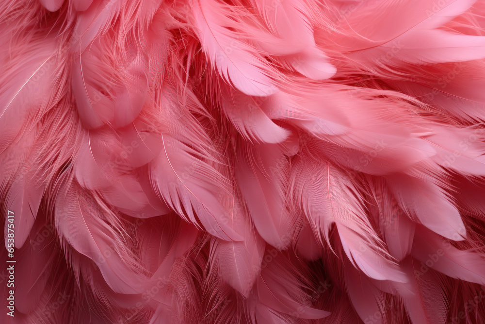 Beautiful colorful background of pink flamingo feathers, backdrop of exotic tropical bird feathers