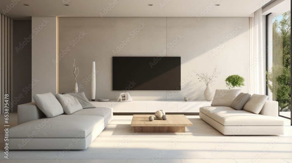 White sofa and TV in luxury room, interior design White sofa and TV in luxury room, interior design