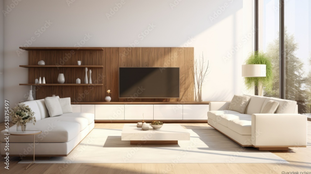 Fototapeta premium White sofa and TV in luxury room, interior design