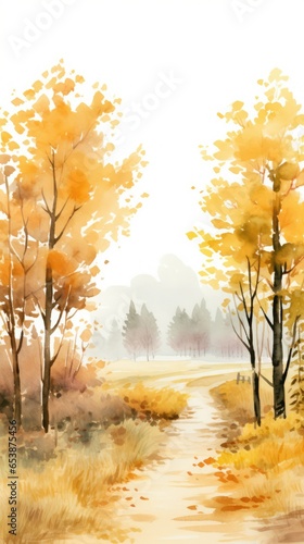 Autumn landscape with tree, water color