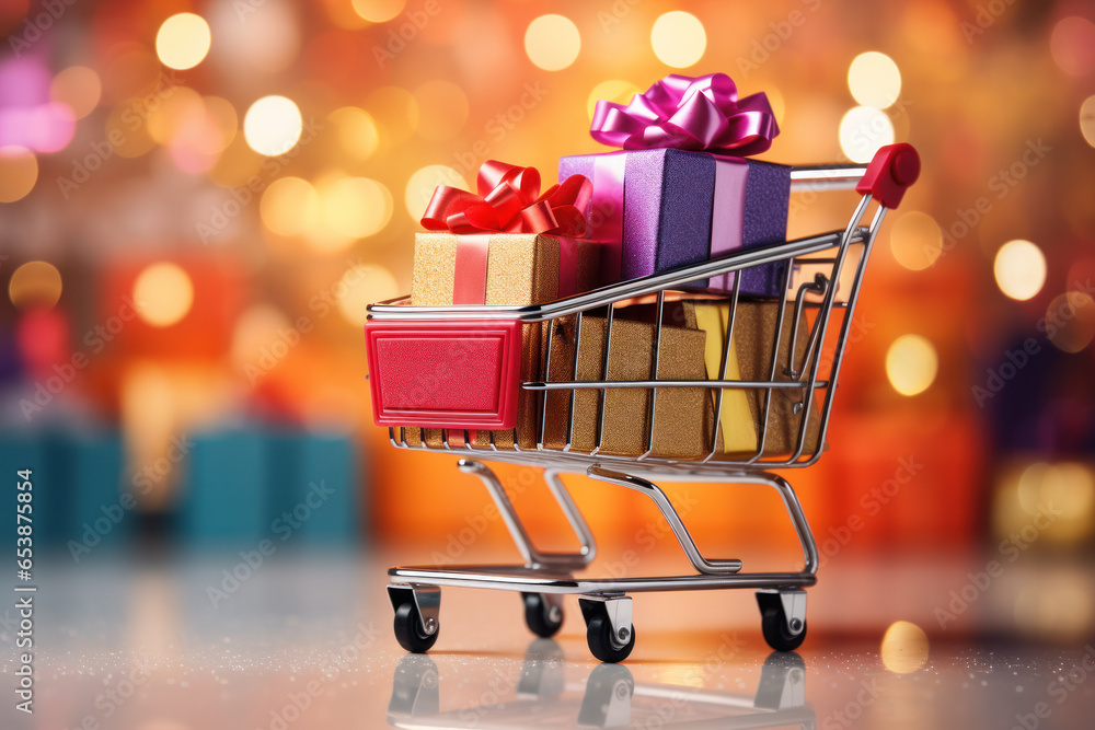 Shopping cart with gift boxes, blurred bright background with lights, birthday or anniversary concept
