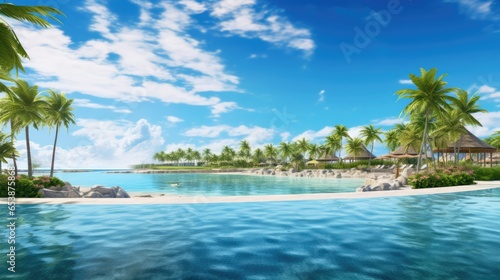 Luxury resort view  beach with palm trees and sea