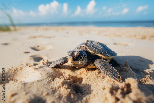 Little sea turtle on the sandy beach © Veniamin Kraskov