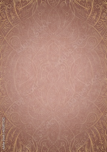 Hand-drawn unique abstract ornament. Light semi transparent pale pink on a pale pink background, with vignette of same pattern in golden glitter on a darker background color. A4. (pattern: p08-2d)