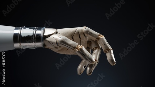 Cyborg hand on a black background, technology of artificial intelligence